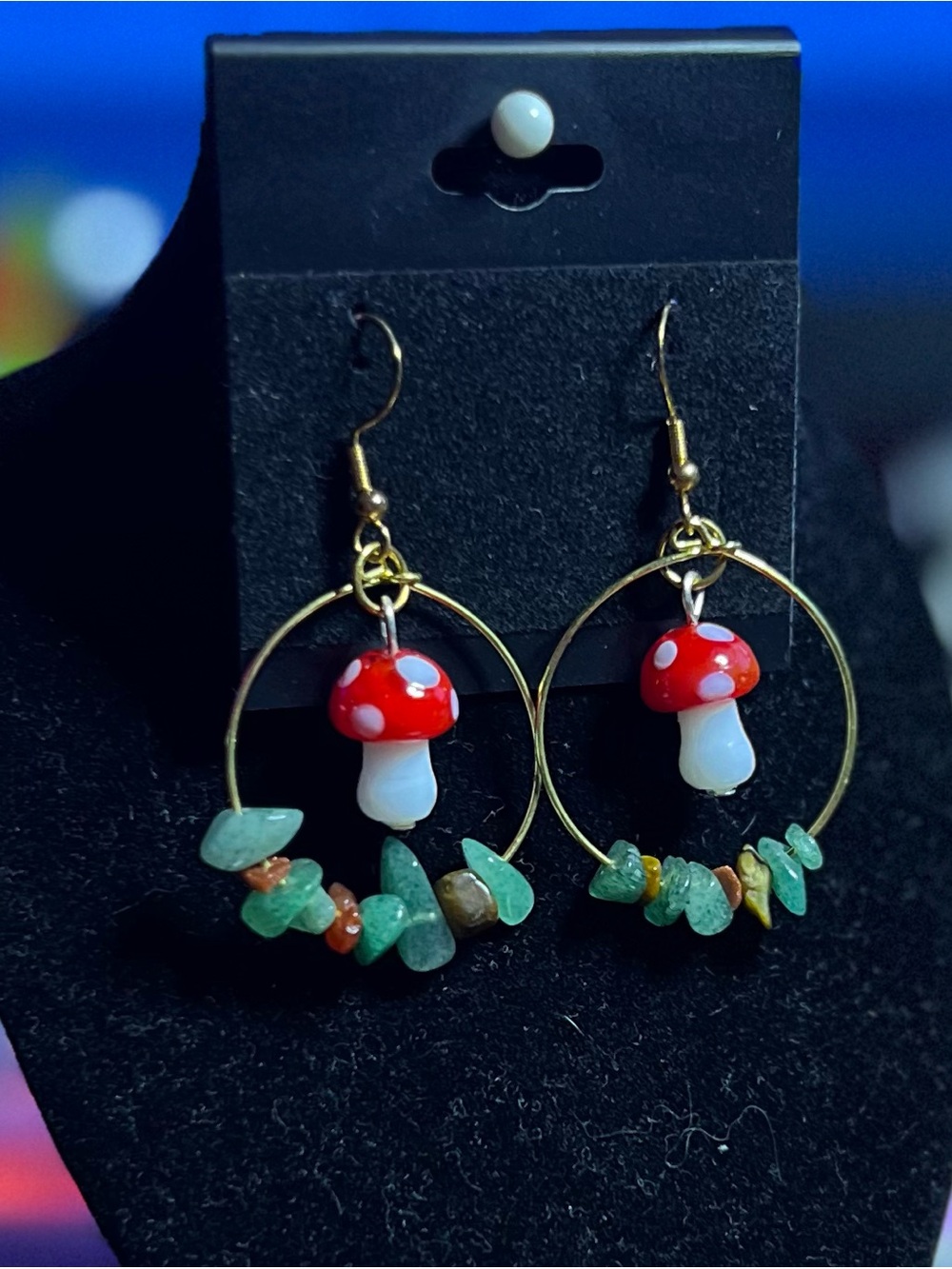 Handmade Red & White Mushroom Hoop Earrings with Green Stone Accents
